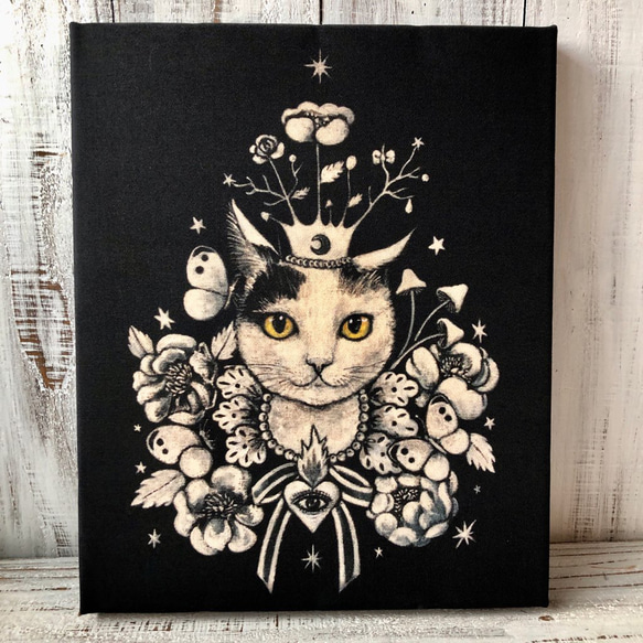 星月猫★アート「Queen」絵画 木製パネル貼り F3サイズ複製画「005」猫