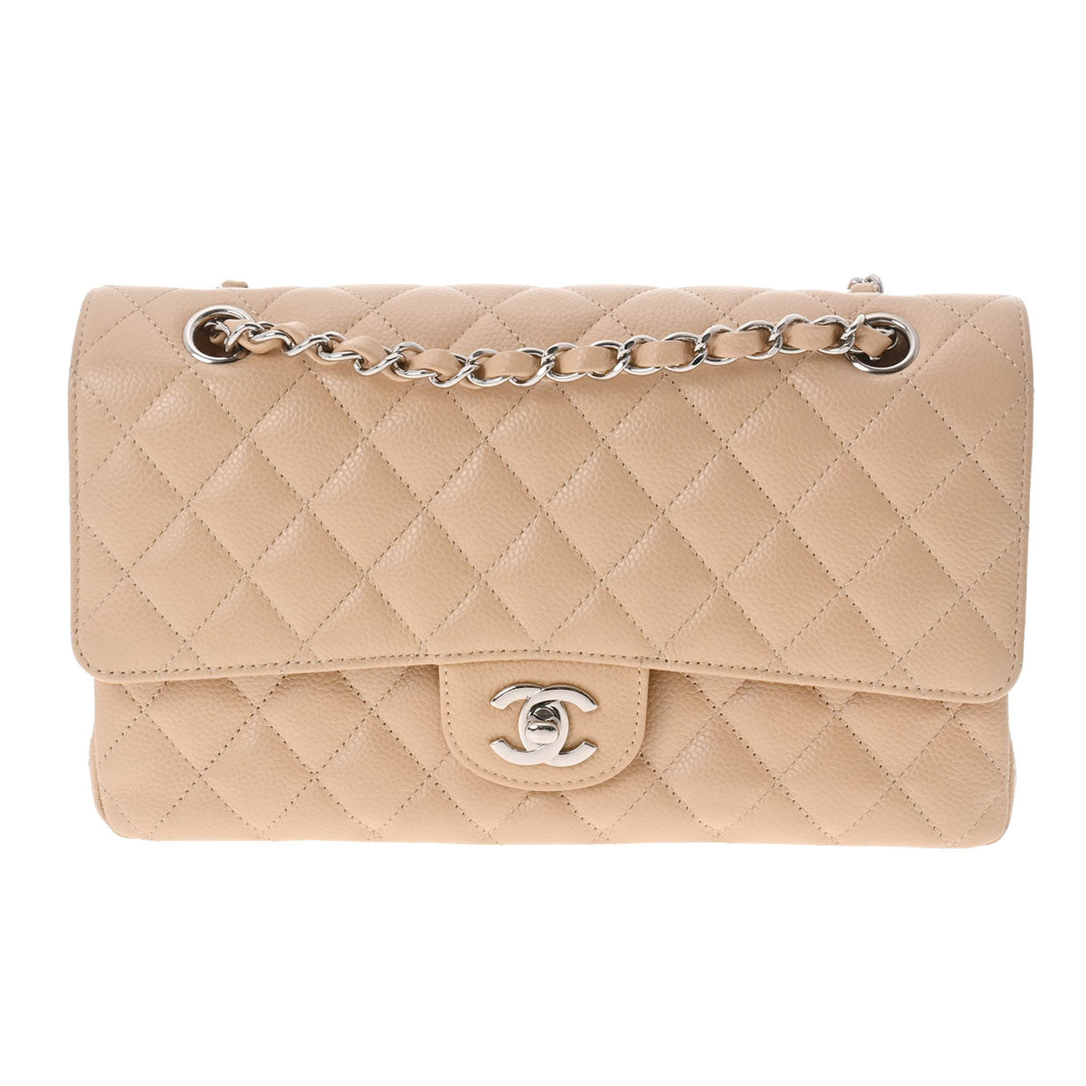 CHANEL シャネル マトラッセ Wフラップ チェーンショルダー 25 ベージュ シルバー金具 A01112 レディース キャビアスキン ショルダーバッグ Aランク 中古 