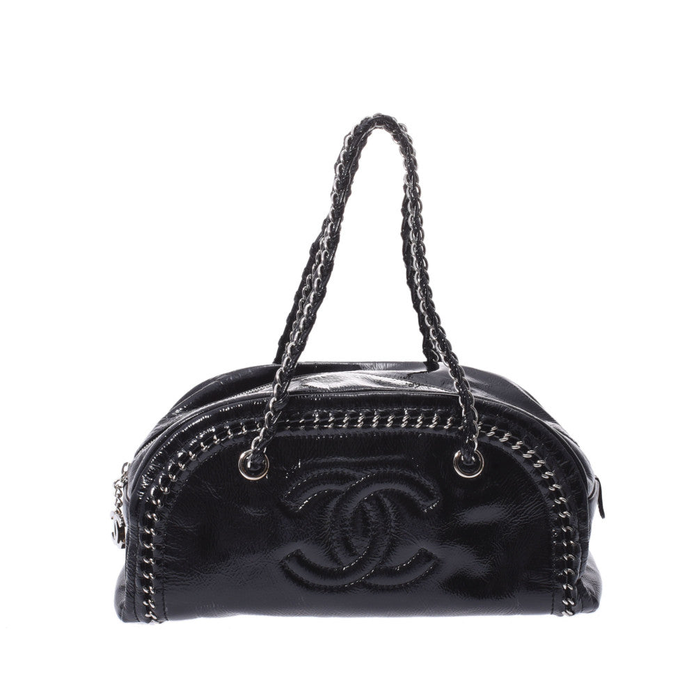 CHANEL シャネル ラグジュアリーライン ボストンバッグ 黒 シルバー金具 レディース エナメル ハンドバッグ Aランク 中古 