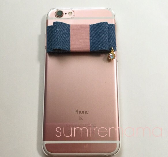 iPhone6/6s/6plus/6splus対応 デニムリボン♡チャーム付きスマホケース