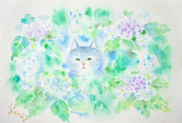 ✻【原画】紫陽花と仔猫　6月の宝石　no.137 | 水彩画　アート　絵　artwork　painting　cat