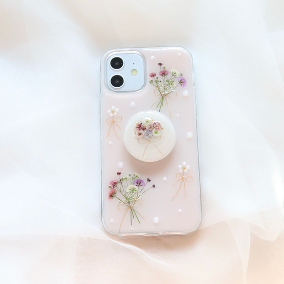 chiffonpink かすみ草とpearlflower スマホグリップ付き 押し花スマホケース  全機種 クリア