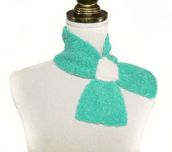 アルパカ「ribbon scarf T boucle」 size : L　color : エメラルドグリーン＆アイボリー