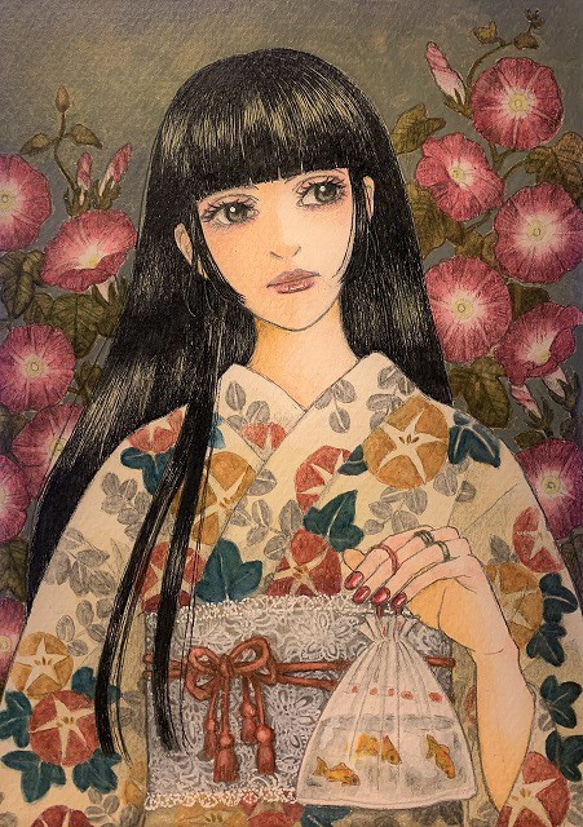 特別提供品！水彩画原画【Flowers and Girls　朝顔】