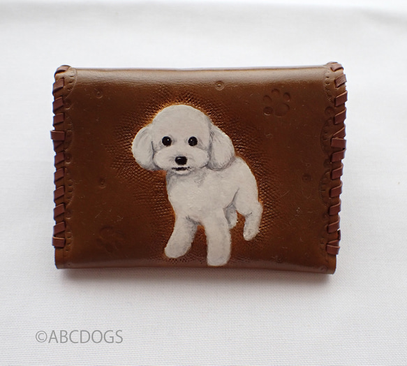 本革カードケース　プードル　白　ABCDOGS