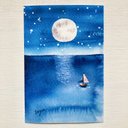 透明水彩画「満月の夜の海」北欧イラストポストカード2枚セット 絵ハガキ　海　ヨット　満月　月　星　星座　星空　癒し　父の日