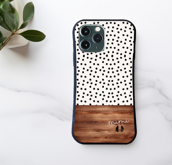 名入れ♪【耐衝撃グリップケース】WHITE DOT＆WOOD iPhone  スマホケース ドット柄