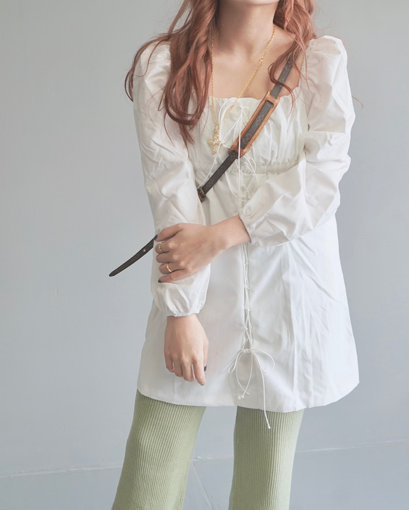 Lace-Up Puffsleeve Mini Onepiece（white） ミニ丈ワンピース ホワイト 白 レトロ