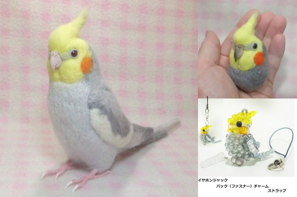 【Creema限定 福袋】オカメインコ ♂ 3点セット　小鳥グッズ内容：羊毛インコ・羊毛ブローチ・ストラップ★受注作成品