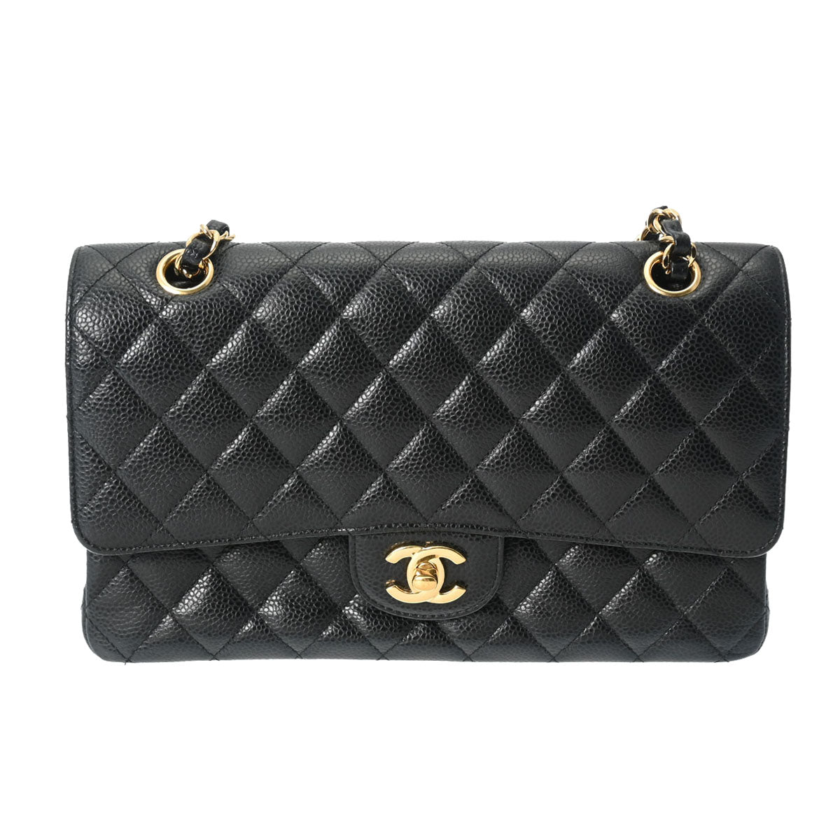 CHANEL シャネル マトラッセ チェーンショルダー 25cm Wフラップ 黒 ゴールド金具 A01112 レディース キャビアスキン ショルダーバッグ ABランク 中古 