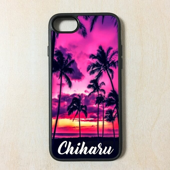 オーダーメイド S050 Pink Hawaii 名入れ iPhone ケース アイホン アイフォン 夕日 夕焼け