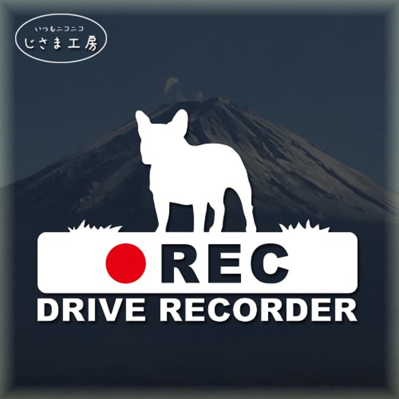 フレンチブルドッグの白シルエットステッカー後方注意!!『DRIVE　RECORDER』