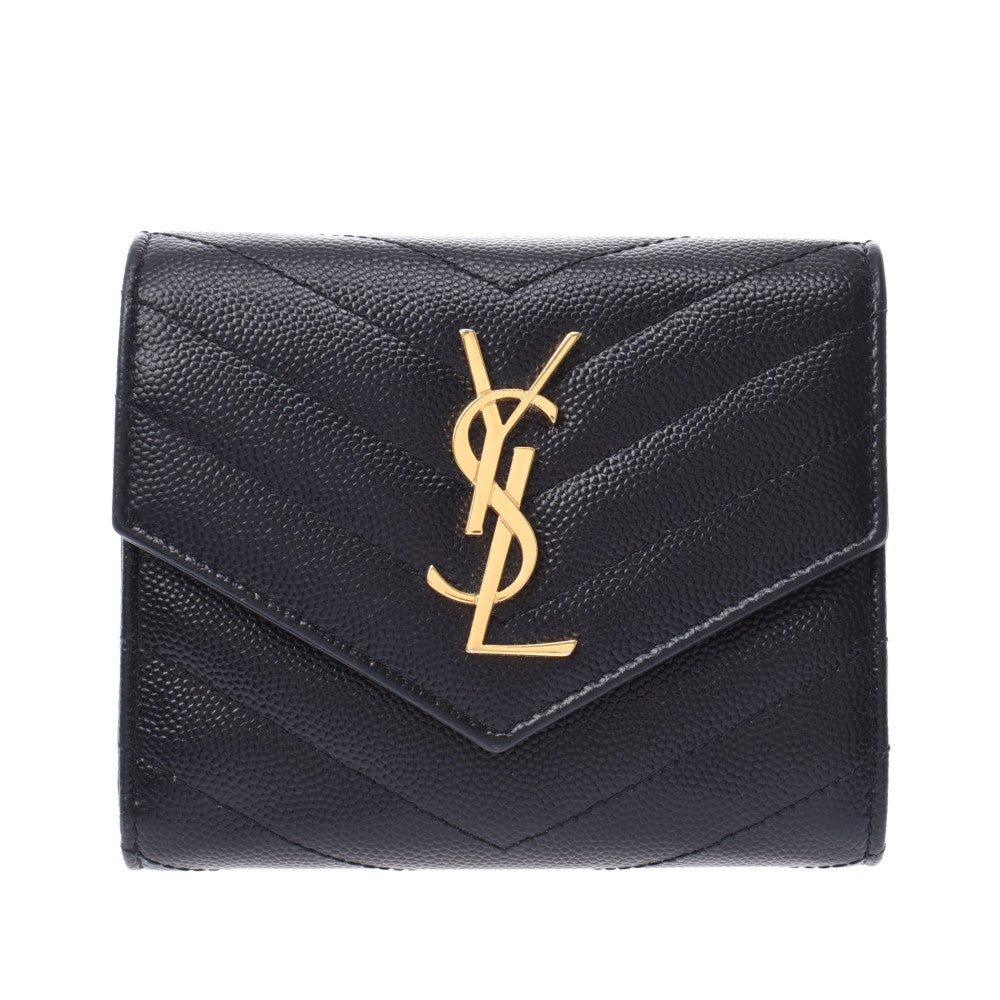 【新年の贈り物】SAINT LAURENT サンローラン エンベロープウォレット コンパクトウォレット キルティングステッチ 黒 レディース レザー 二つ折り財布 ABランク 中古 _画像1