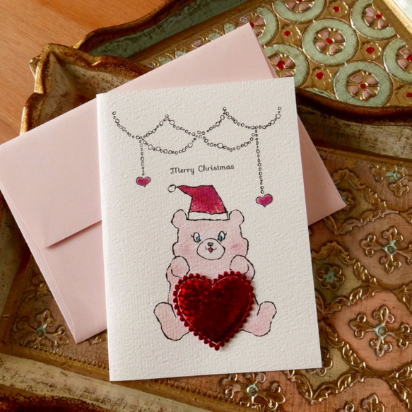 CHRISTMAS CARD PINK SANTA BEAR 2PC SET