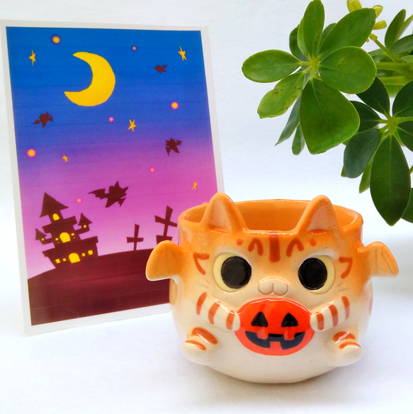 ハロウィンこうもりトラ猫デミタスカップ８０ｍｌ　にゃんこ陶器　受注制作