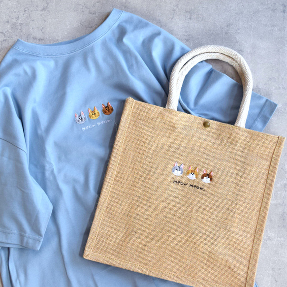 【夏の福袋】ねこ刺繍Tシャツ&ジュートバッグセット《選べる４色》Creema限定 ビッグシルエット 親子