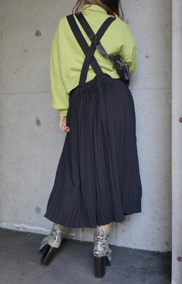 Cross Strap Pleats Jumper Long Skirt (black) ロングスカート ブラック 黒