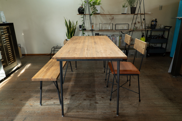 【送料無料】【セット割引】PINE DINING TABLE SET(テーブル1500、本革椅子2脚、ベンチ1200)