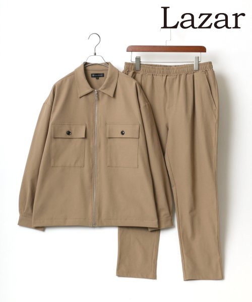 【Lazar】【セットアップ】 マルチストレッチ ジップシャツジャケット＆テーパードパンツ メンズ 上下 セット