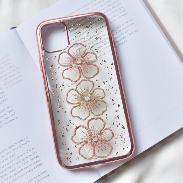 刺繍フラワー　押し花スマホケース　スマホケース　全機種対応　手帳型ケース　ソフトケース　iPhone