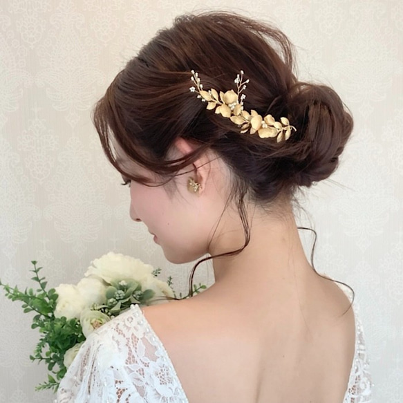 小枝 ウェディング ヘッドドレス ブライダル ヘア アクセサリー リーフ アクセ ゴール    　結婚式 花嫁　MA41