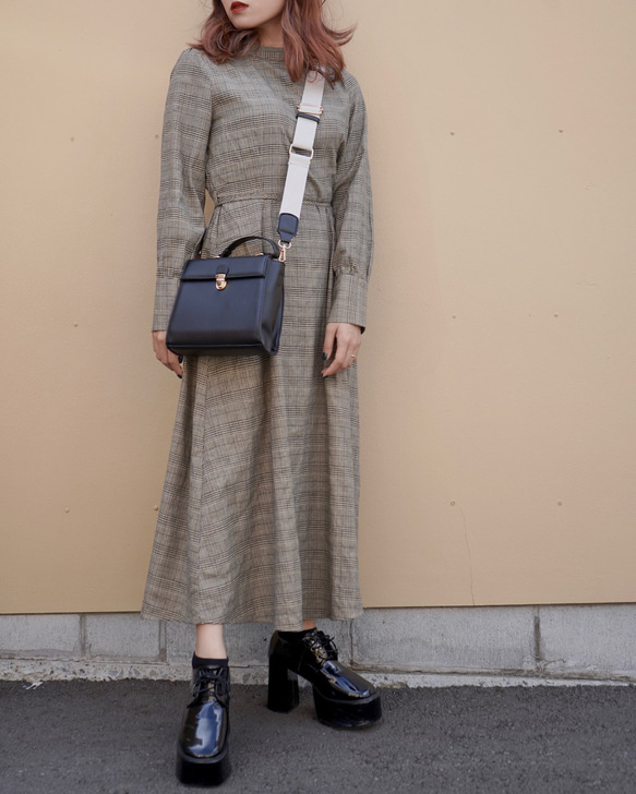 Glen Check Classic Long Onepiece (beige) ロング丈ワンピース グレー 灰色