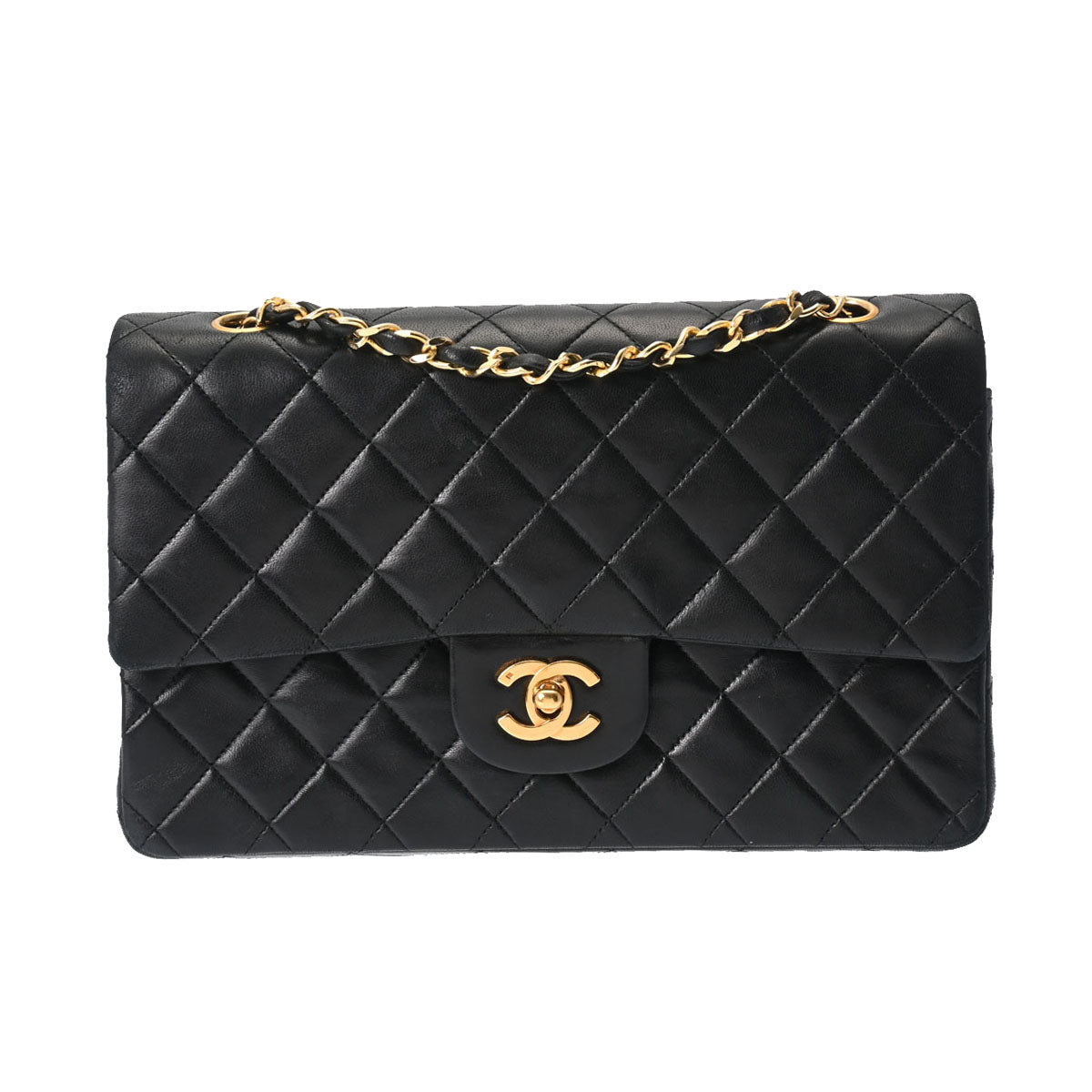 【2025 カレンダーの人気アイテム】 CHANEL シャネル マトラッセ Wフラップ 25cm チェーンショルダー  黒 ゴールド金具 レディース ラムスキン ショルダーバッグ Bランク 中古 