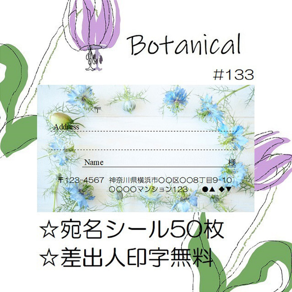 ⭐️宛名シール⭐️50枚⭐️ボタニカル⭐️Botanical⭐️#133⭐️折曲なしクリアファイル⭐️おしゃれ