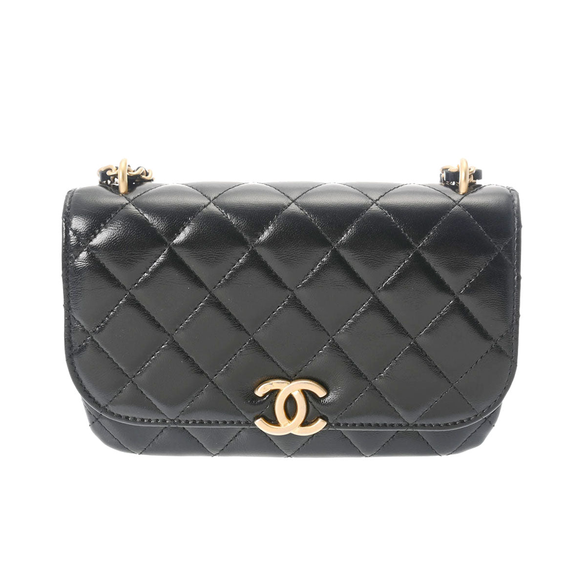 CHANEL シャネル マトラッセ チェーンショルダー フォンケース 黒 ヴィンテージ調ゴールド金具 - レディース ラムスキン ショルダーバッグ Aランク 中古 