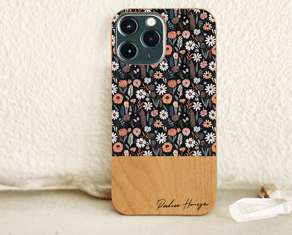 天然木♡名入れ♪BLACK ORANGE WILD FLOWER WOOD iPhoneケース 花柄