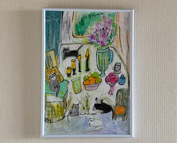 絵画 。手描き【部屋で楽しく遊んでいるかわいい猫たち】