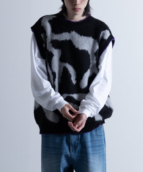 Mohair Like Whole Pattern Loose Knit Vest / モヘアライク 総柄 ルーズ ニットベスト