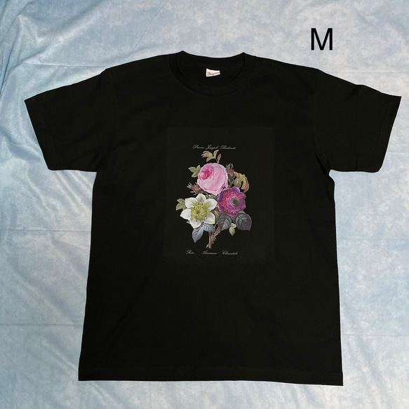 ルドゥーテ　植物画　バラ・アネモネ・クレマチス　綿Tシャツ　黒　SMLサイズ有り