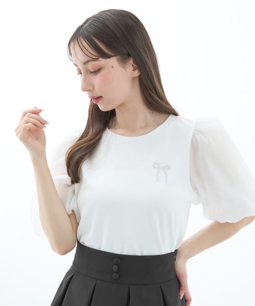 袖異素材胸リボンTOPs