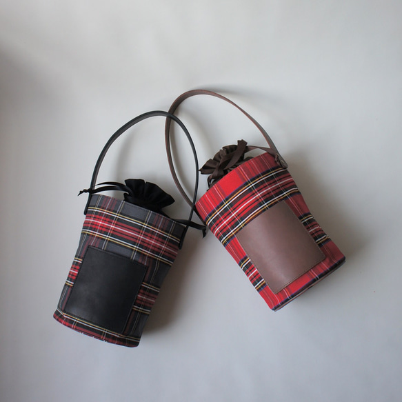 bucketbag 【red check×brown leather】