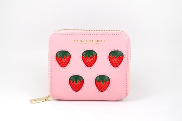 【More Strawberries Collection】ラウンドファスナー2つ折り財布（赤いちご／ピンク本革）