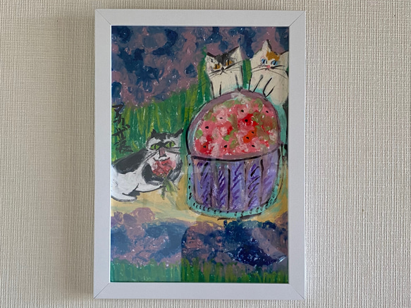 絵画 。壁掛け絵原画手描き【きれいな庭で花を採集した3匹の猫ちゃん】