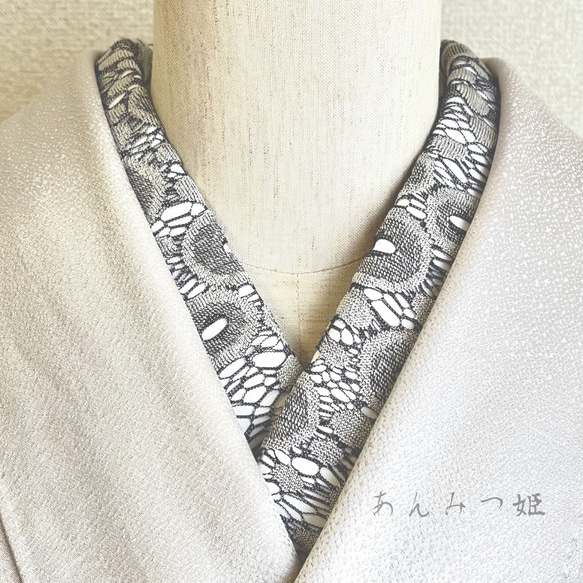 洗える刺繍半衿 モノクロ総レース