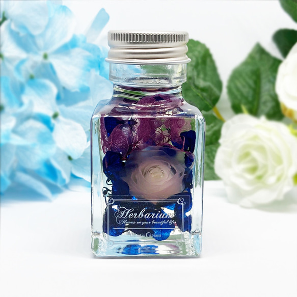 白薔薇 パープル×ブルー ハーバリウム ミニサイズ スクエアボトル～本物の薔薇１輪 ギフト　紫陽花ハンドメイド2023