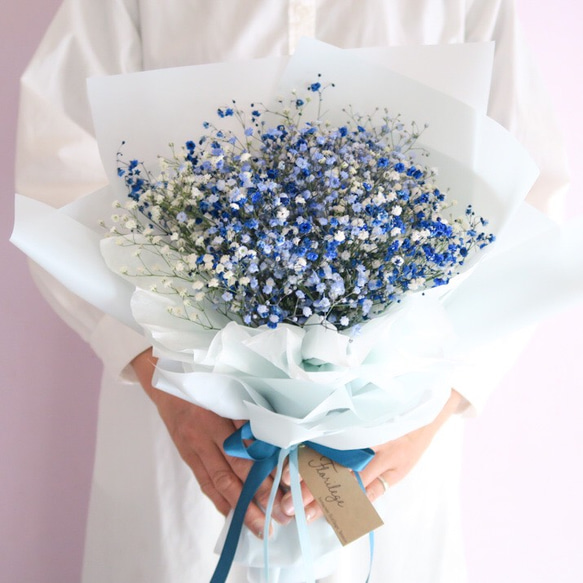 【特集掲載】blue mix babys breath bouquet （ブルーかすみそう花束）母の日インテリアギフト