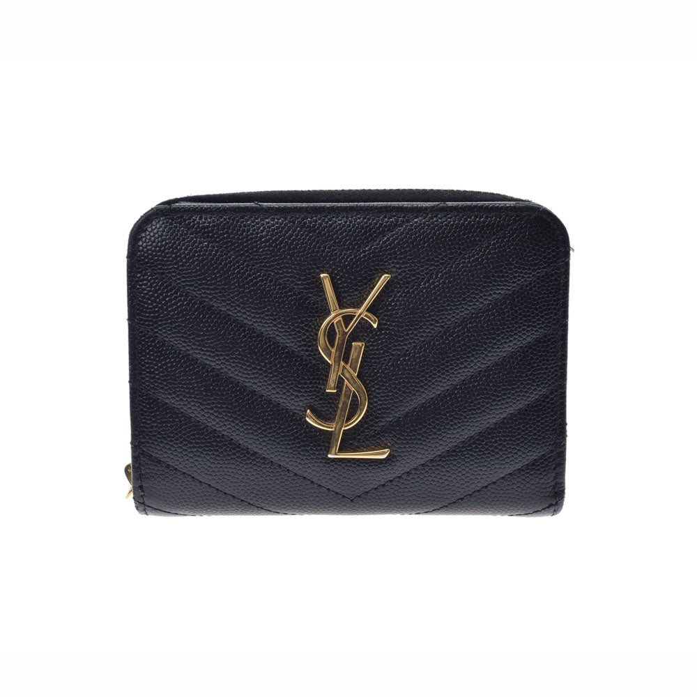 YVES SAINT LAURENT イヴサンローラン モノグラム コンパクトジップウォレット 黒 ゴールド金具 レディース レザー 二つ折り財布 ABランク 中古 