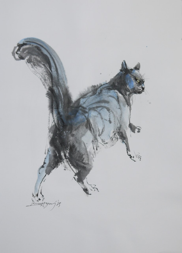 グレー色の猫（墨、水彩、水彩画用紙３３，４ｃｍ×２４ｃｍ）