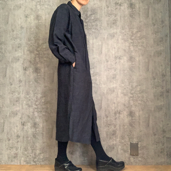 バンブーリネンシャツワンピース 生成り/インディゴ Bamboo linenshirt dress