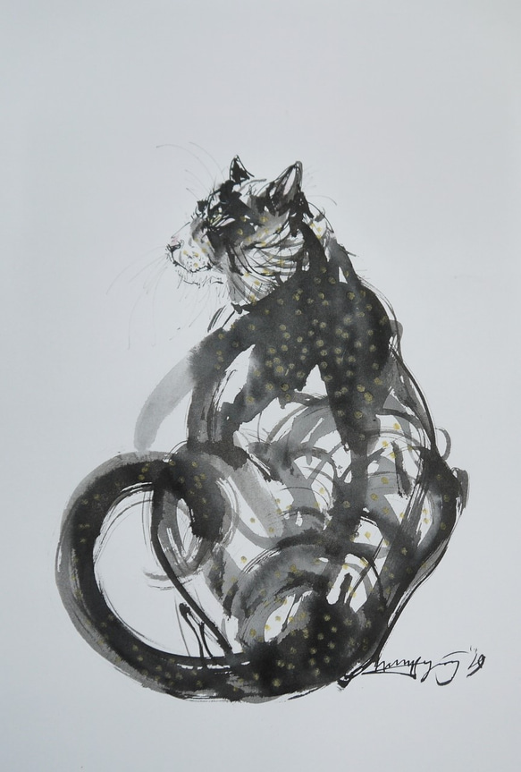 まるで豹。まだら色の猫（墨絵、水彩画用紙２４ｃｍ×３４，５ｃｍ）