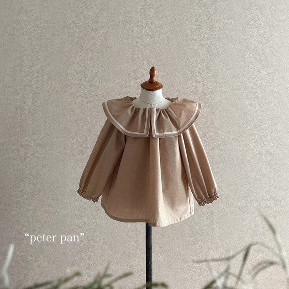 …半袖可…✂︎“Peter pan”  90-140size 　大きめ襟のスモック　　ダンガリーベージュ　入園入学