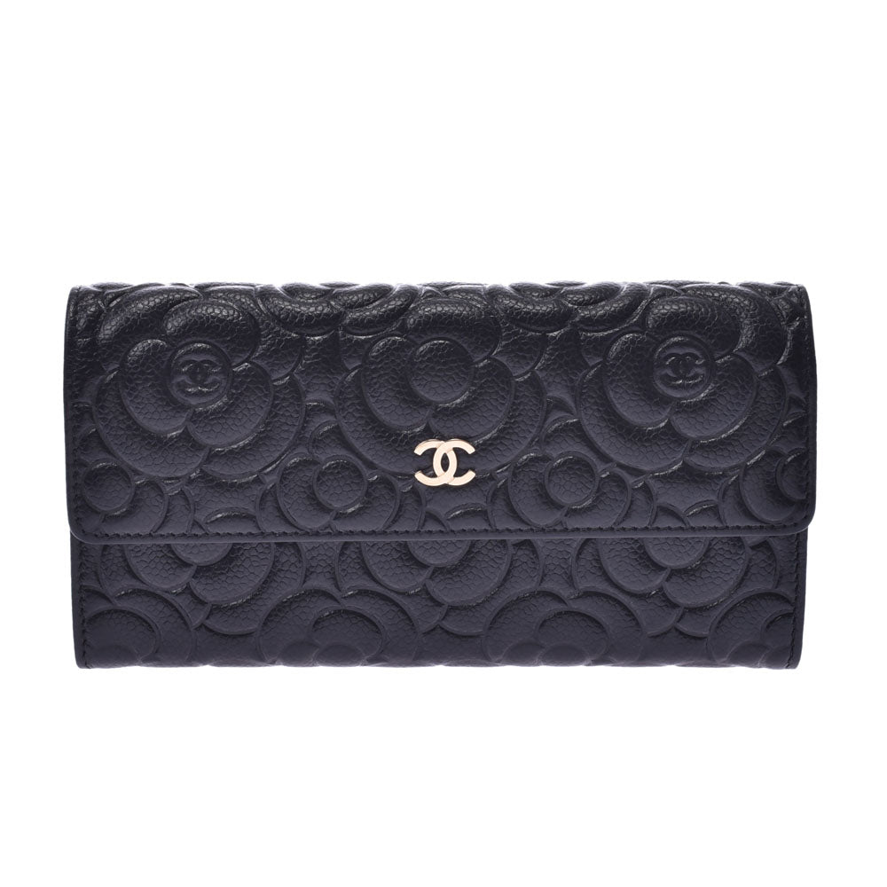 CHANEL シャネル カメリア 二つ折長財布 黒 レディース キャビアスキン 長財布 Aランク 中古 