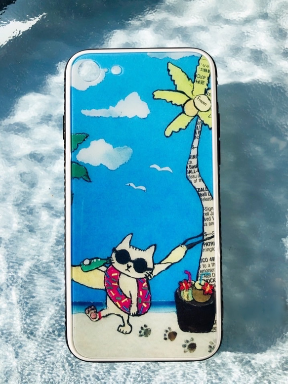 スマホケース　ニャンコSummer vacation   強化ガラスケース　iPhone11 iPhoneXRなど