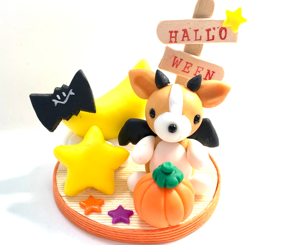 ❣️在庫処分SALE更に値引き❣️☆ハロウィン月夜の悪魔わんちゃん　2300円→1300円　樹脂粘土　星