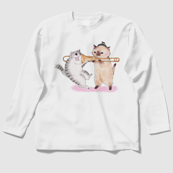 トロンボーン猫の長袖Ｔシャツ(白)