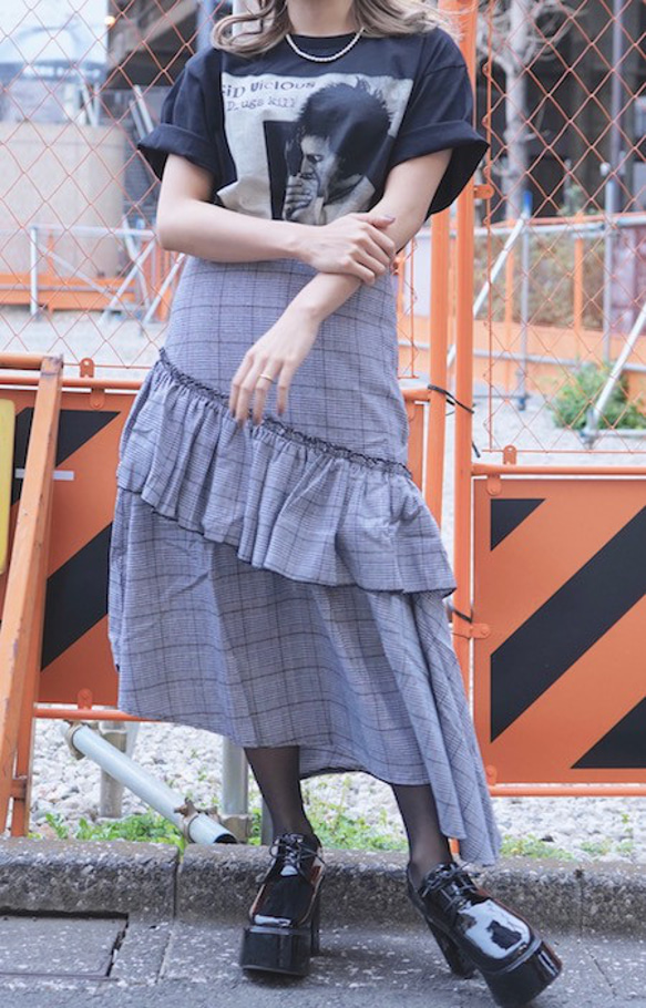 Glen-Check Tiered Long Flare Skirt ロングスカート グレー 灰色 ストリート